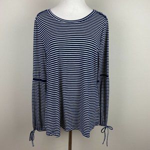 Fred David Top Womens XL Navy Striped Crochet Lace Long Tie Sleeve Scoop‎ Neck